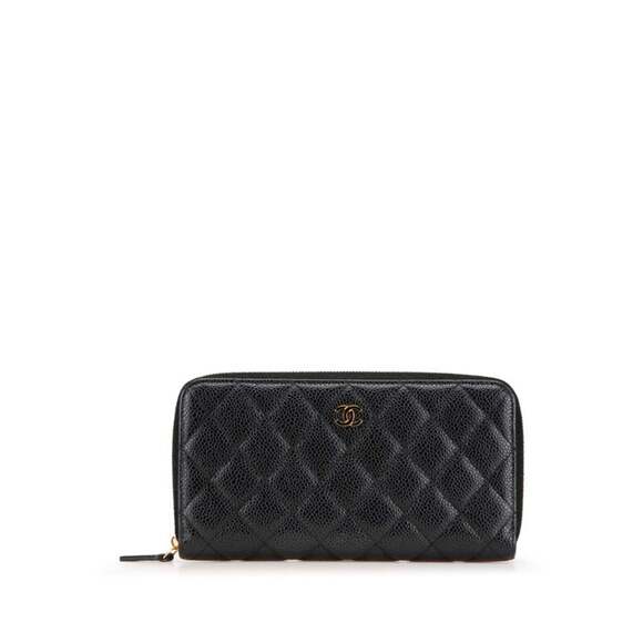 CHANEL Authentic Black Caviar Leather Logo Wallet